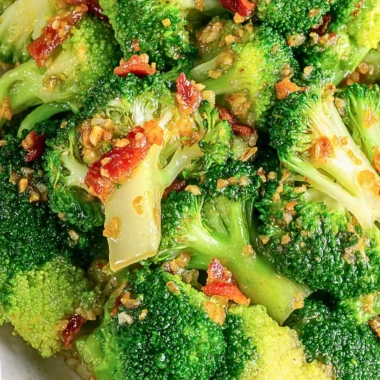 Asian broccoli stir-fried with garlic sauce and crispy bacon topping