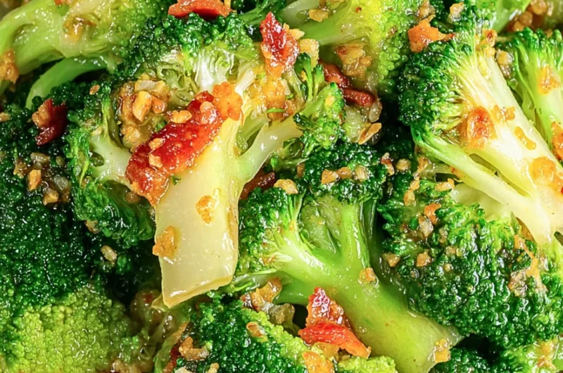 Asian broccoli stir-fried with garlic sauce and crispy bacon topping