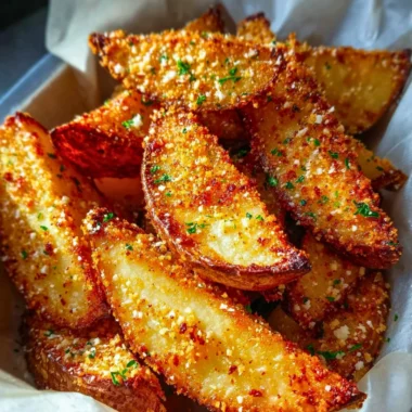 Delicious baked garlic parmesan potato wedges on a serving platter
