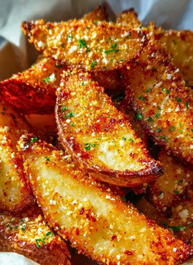 Delicious baked garlic parmesan potato wedges on a serving platter