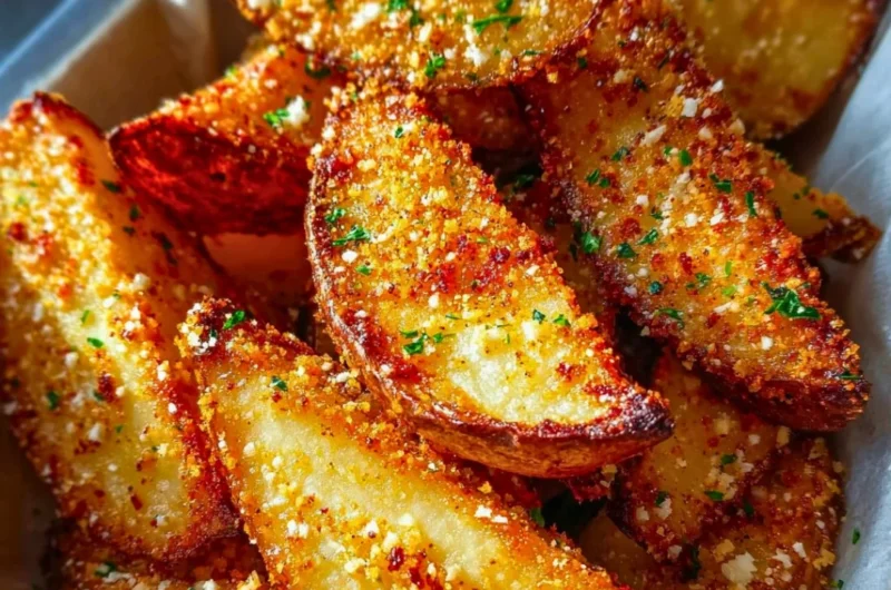 Delicious baked garlic parmesan potato wedges on a serving platter