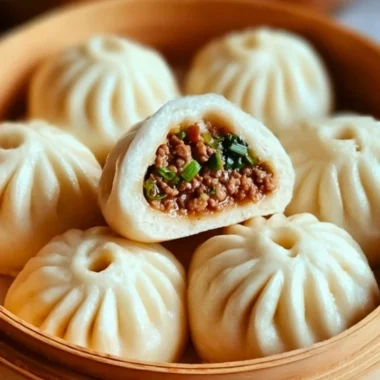 Delicious beef bao buns filled with savory beef, served on a wooden plate.