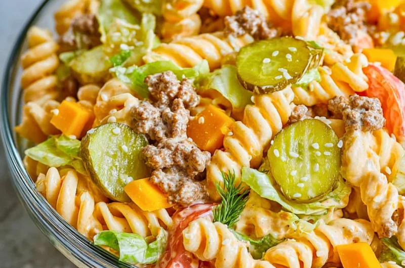 Big Mac Pasta Salad featuring ground beef, cheese, and salad ingredients in a bowl