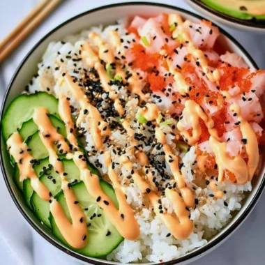 Delicious California Roll Sushi Bowl with fresh vegetables and crab