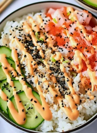 Delicious California Roll Sushi Bowl with fresh vegetables and crab