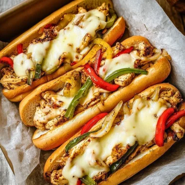 Delicious Chicken Philly Cheese Steaks served with melted cheese and fresh veggies