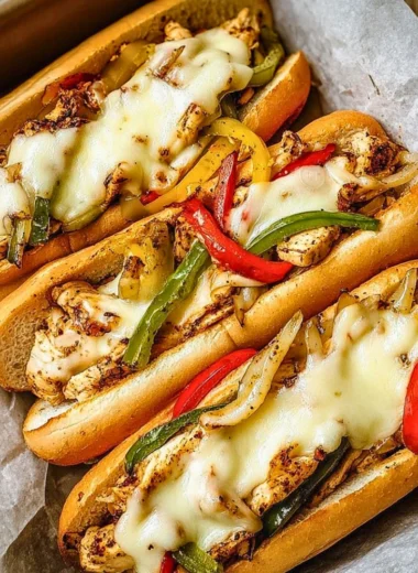 Delicious Chicken Philly Cheese Steaks served with melted cheese and fresh veggies
