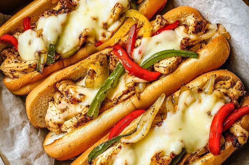 Delicious Chicken Philly Cheese Steaks served with melted cheese and fresh veggies