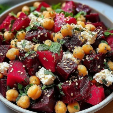 Chickpea salad with beets and feta cheese served in a bowl