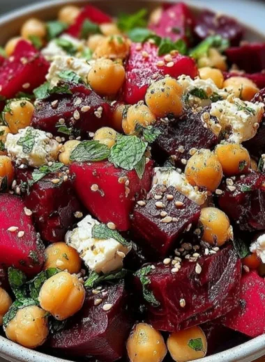 Chickpea salad with beets and feta cheese served in a bowl