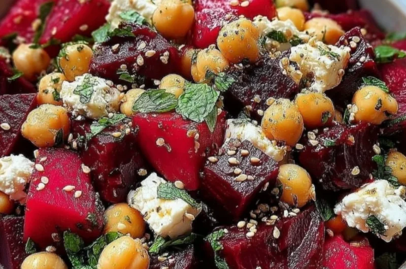 Chickpea salad with beets and feta cheese served in a bowl