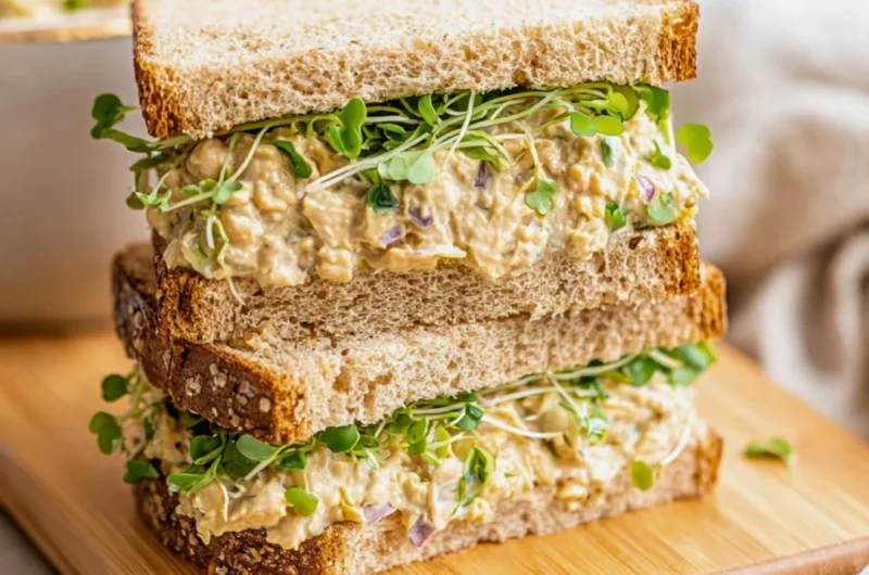 Chickpea salad sandwich with fresh vegetables on a plate