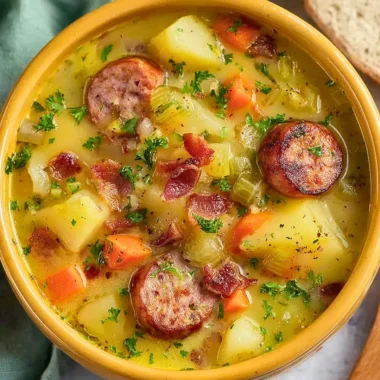 Bowl of classic German potato soup with sausage and fresh herbs