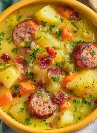 Bowl of classic German potato soup with sausage and fresh herbs