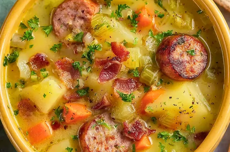 Bowl of classic German potato soup with sausage and fresh herbs