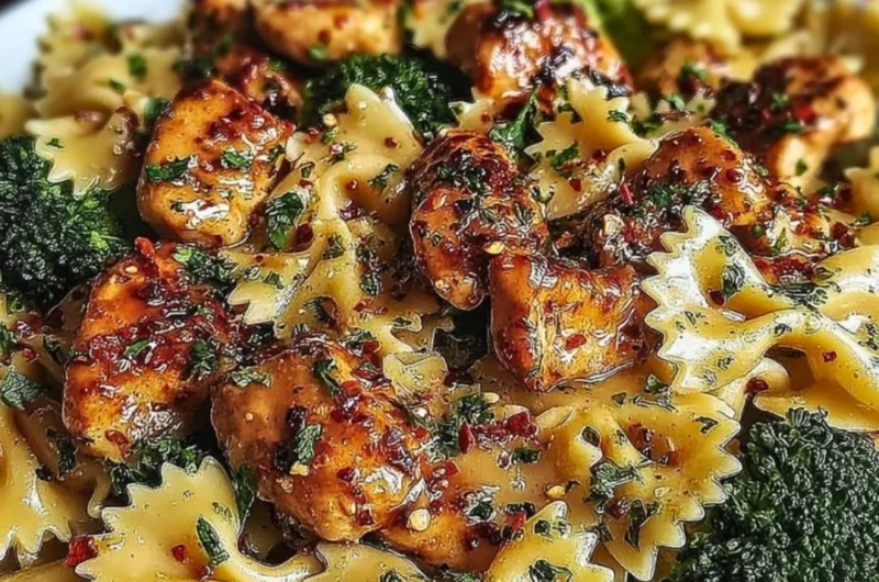 Cowboy Butter Lemon Bowtie Chicken with Broccoli on a plate