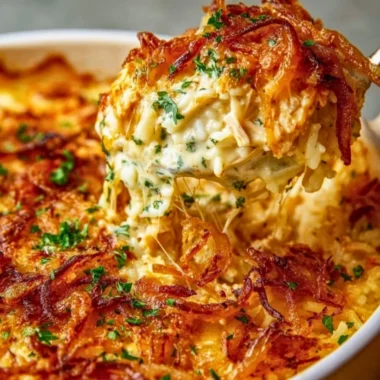 Creamy French Onion Chicken Rice dish garnished with herbs and served in a bowl