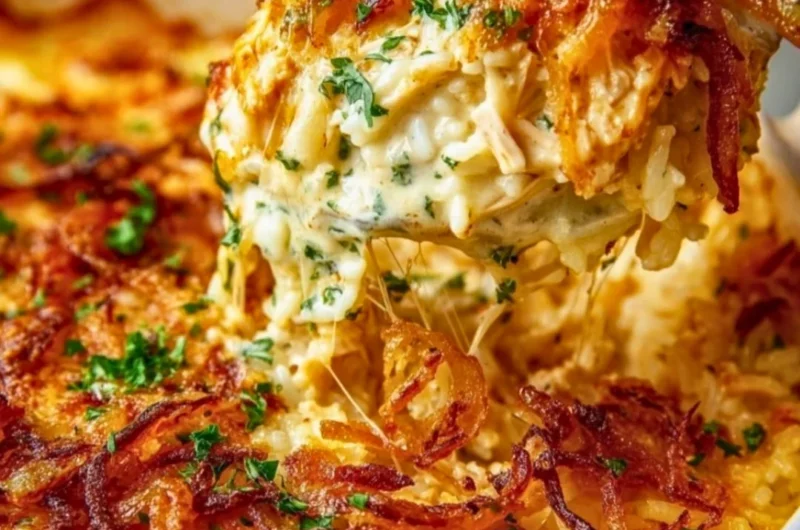 Creamy French Onion Chicken Rice dish garnished with herbs and served in a bowl