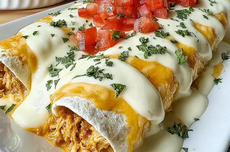 Creamy queso chicken enchiladas served on a plate with fresh toppings