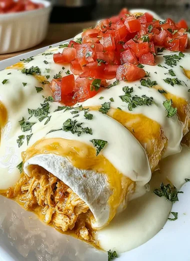 Creamy queso chicken enchiladas topped with cheese and green onions