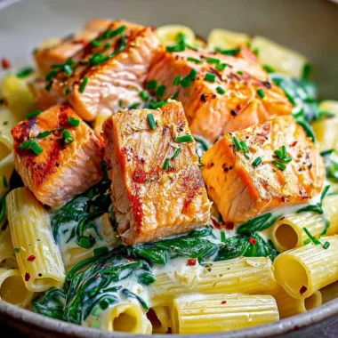 Creamy spinach salmon pasta served in a bowl with herbs on top.