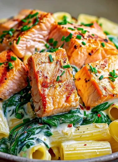 Creamy spinach salmon pasta served in a bowl with herbs on top.