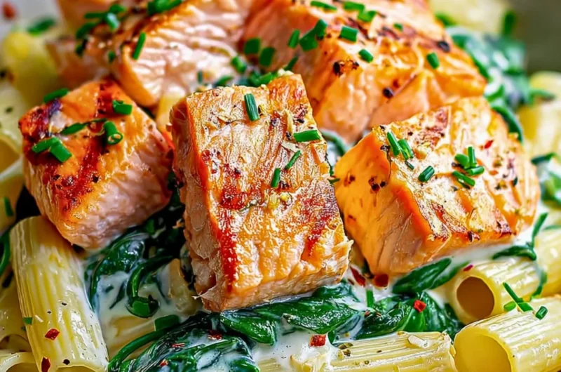 Creamy spinach salmon pasta served in a bowl with herbs on top.