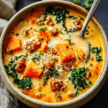 Bowl of creamy sweet potato and sausage soup topped with herbs