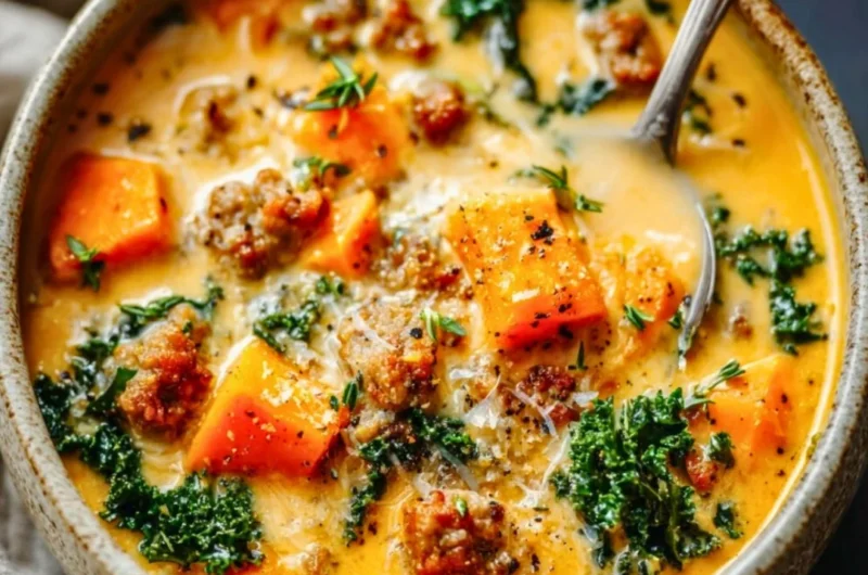 Bowl of creamy sweet potato and sausage soup topped with herbs