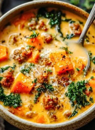 Creamy sweet potato and sausage soup in a bowl garnished with herbs.