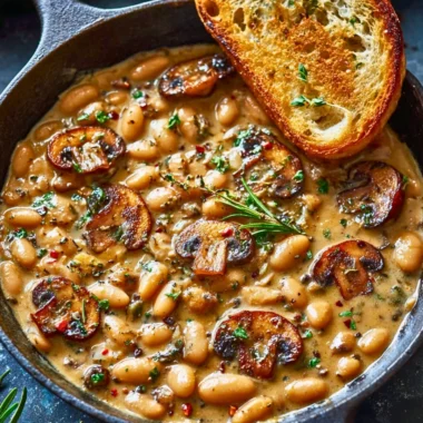 Creamy white bean and mushroom skillet dish served in a bowl