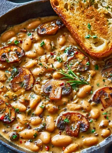 Creamy white bean and mushroom skillet dish served in a bowl