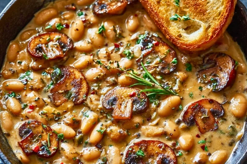 Creamy white bean and mushroom skillet dish served in a bowl