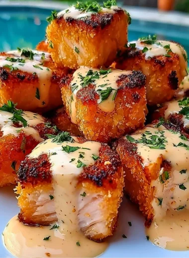 Crispy Bang Bang Salmon Bites served with dipping sauce
