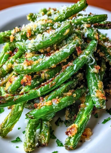 Crispy garlic parmesan roasted green beans served on a plate