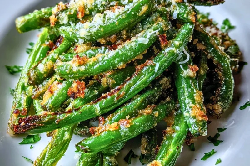 Crispy garlic parmesan roasted green beans served on a plate