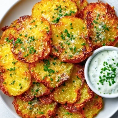 Crispy garlic parmesan smashed potatoes on a plate, garnished with herbs.