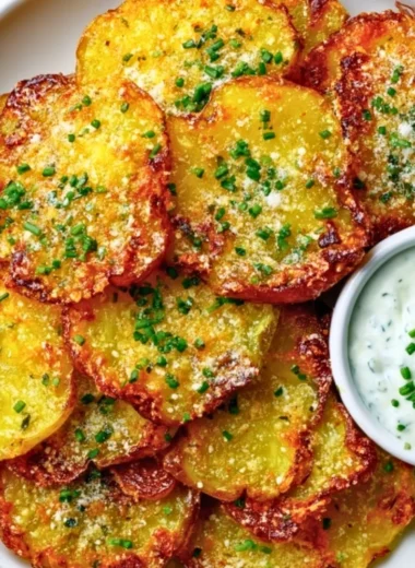 Crispy garlic parmesan smashed potatoes on a plate, garnished with herbs.