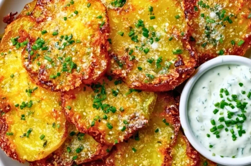 Crispy garlic parmesan smashed potatoes on a plate, garnished with herbs.