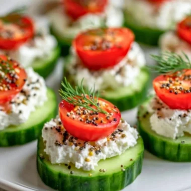 Cucumber Cottage Cheese Bites arranged on a platter with herbs