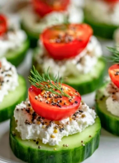 Cucumber Cottage Cheese Bites arranged on a platter with herbs