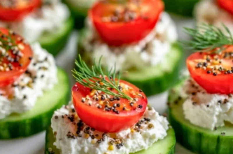 Cucumber Cottage Cheese Bites arranged on a platter with herbs