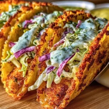 Dill Pickle Ranch Smash Chicken Tacos with crispy cheese topping
