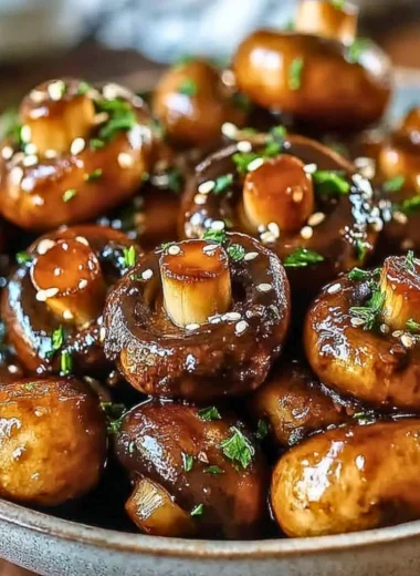 Delicious oven-roasted mushrooms with soy sauce and honey on a baking sheet