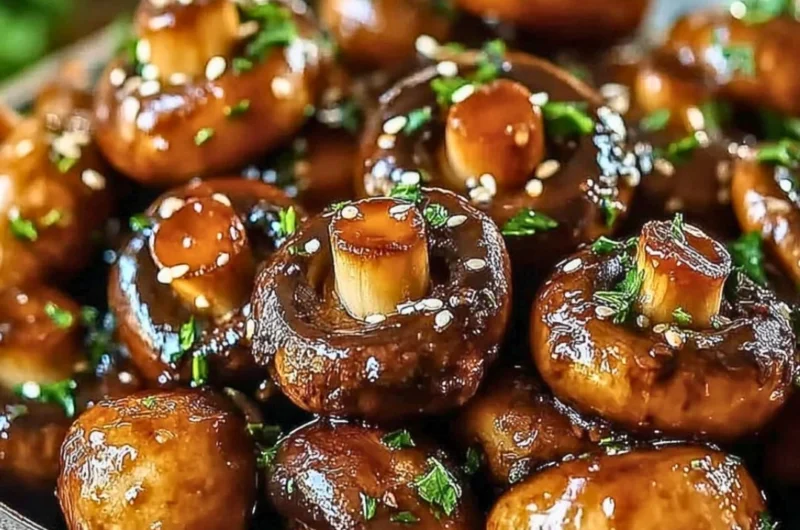 Delicious oven-roasted mushrooms with soy sauce and honey on a baking sheet
