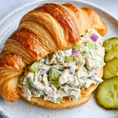 Bowl of flavorful dill pickle chicken salad garnished with fresh herbs