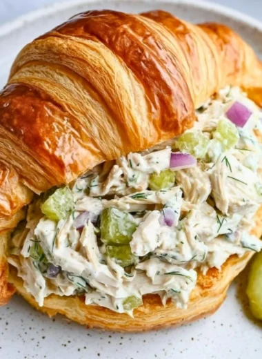Bowl of flavorful dill pickle chicken salad garnished with fresh herbs