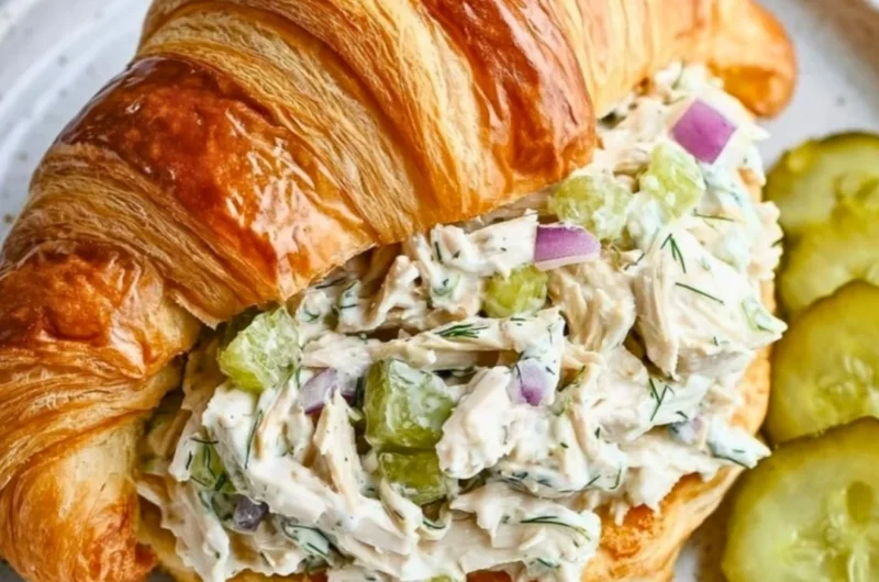 Bowl of flavorful dill pickle chicken salad garnished with fresh herbs