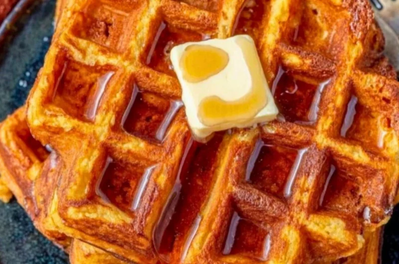 Delicious French Toast Waffles served with syrup and berries