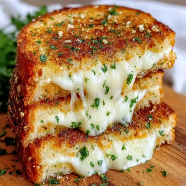 Melted garlic bread grilled cheese sandwich with crispy edges and savory aroma